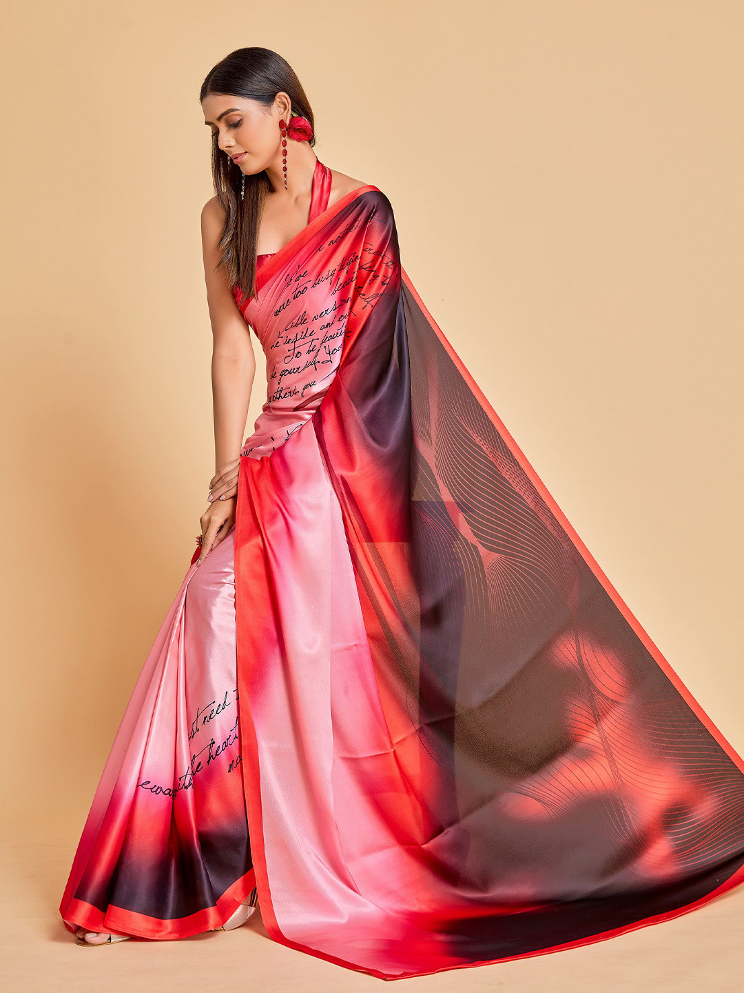 

Sangria Abstract Printed Satin Saree, Peach