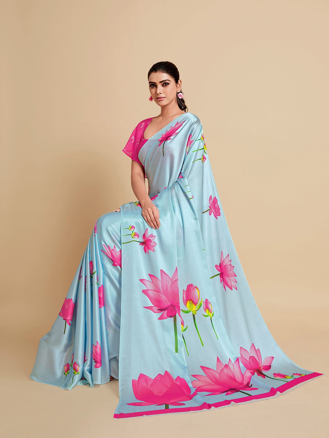 

Sangria Floral Printed Satin Saree, Blue
