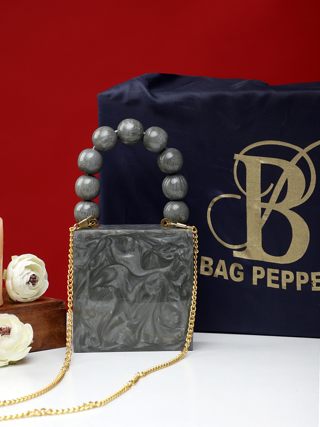 

Bag Pepper Printed Box Clutch, Grey