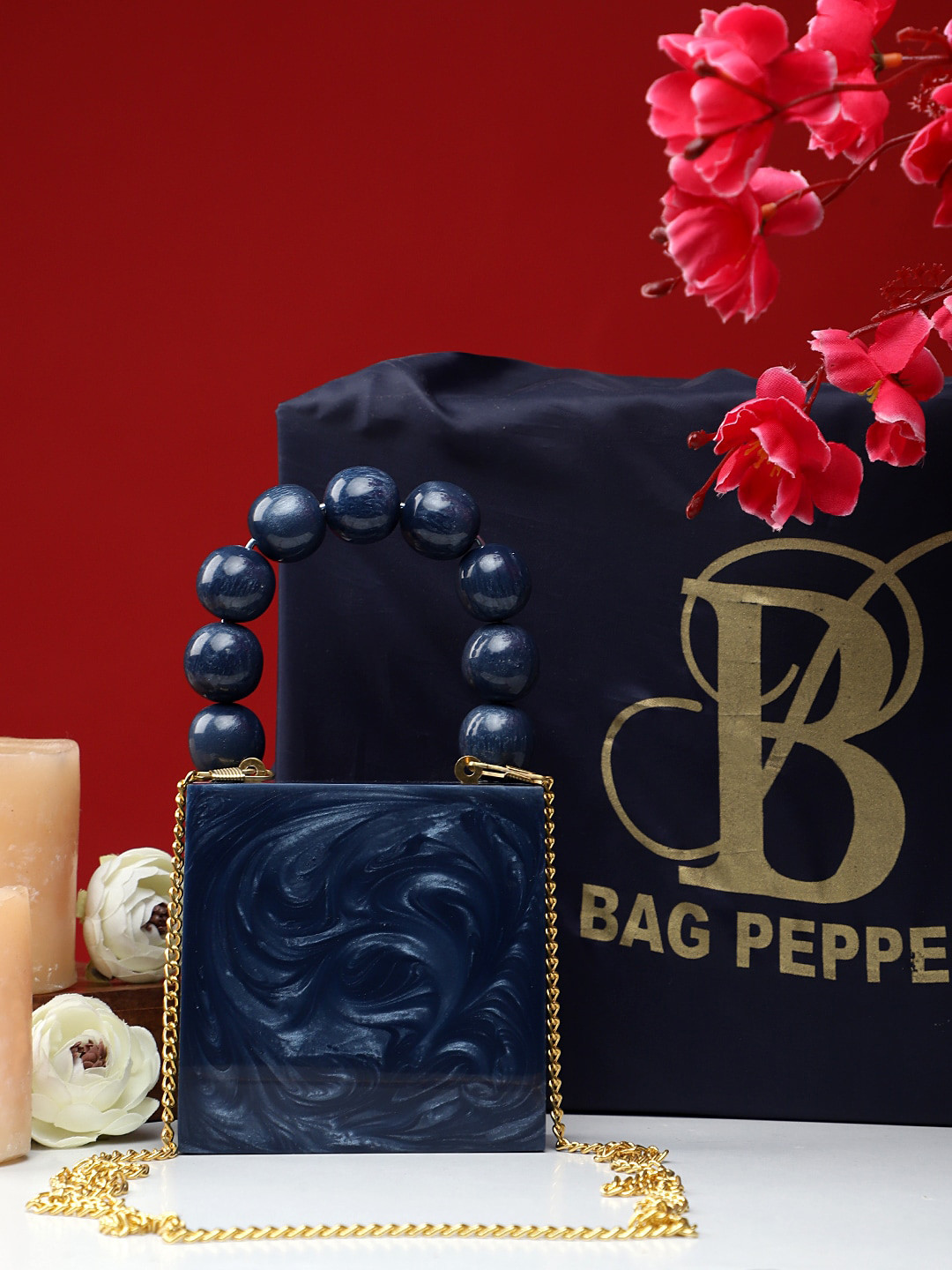 

Bag Pepper Printed Box Clutch, Navy blue