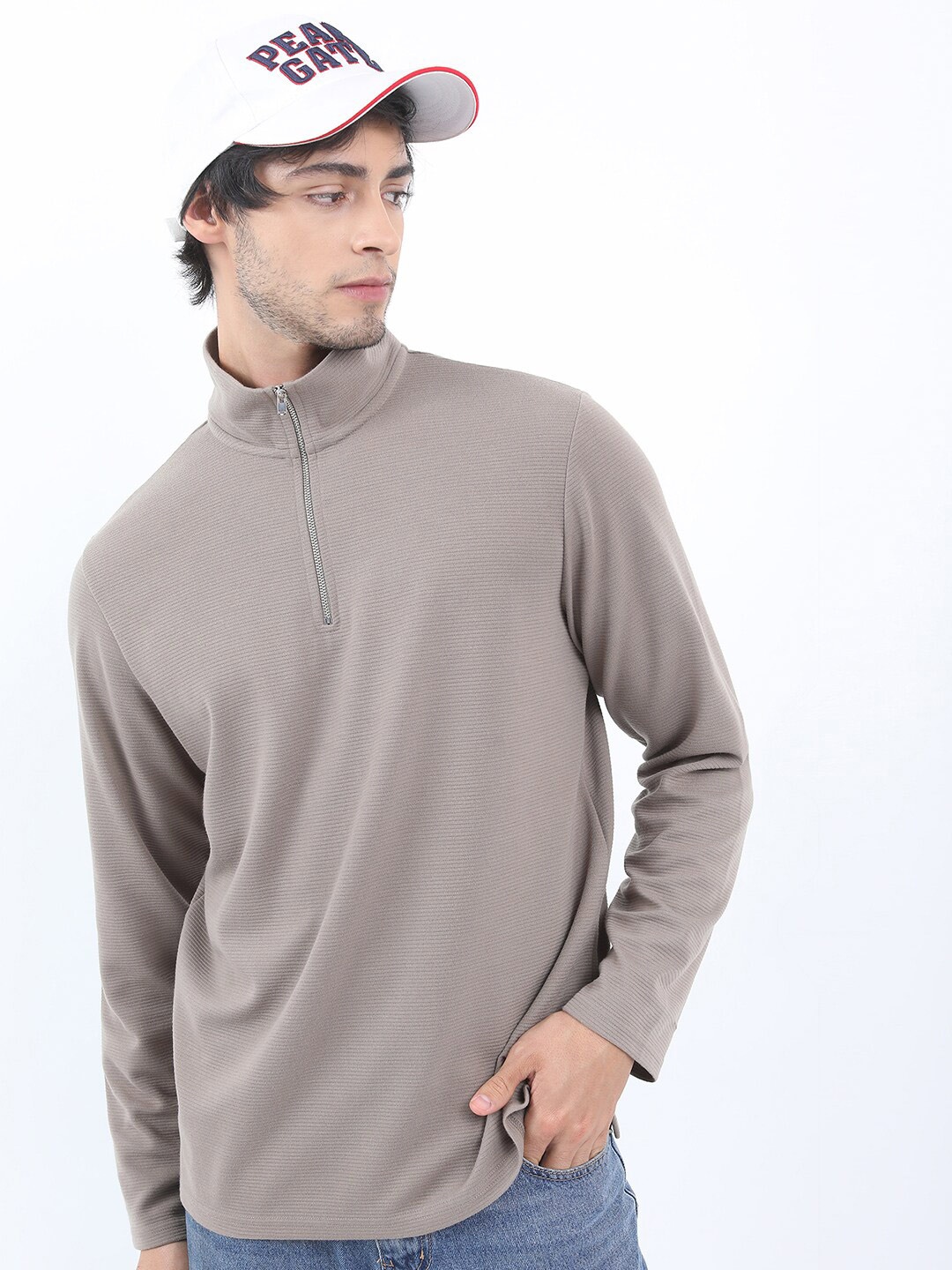 

KETCH Men Regular Fit High Neck Popcorn Structured T-shirt, Nude