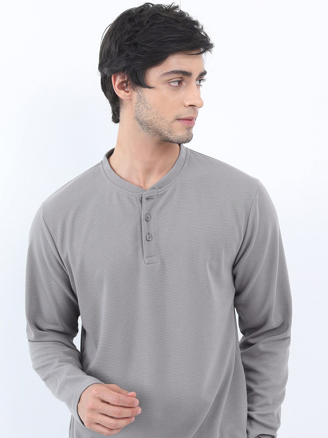 

KETCH Regular Fit Henley Neck Popcorn Structured Tshirt, Grey