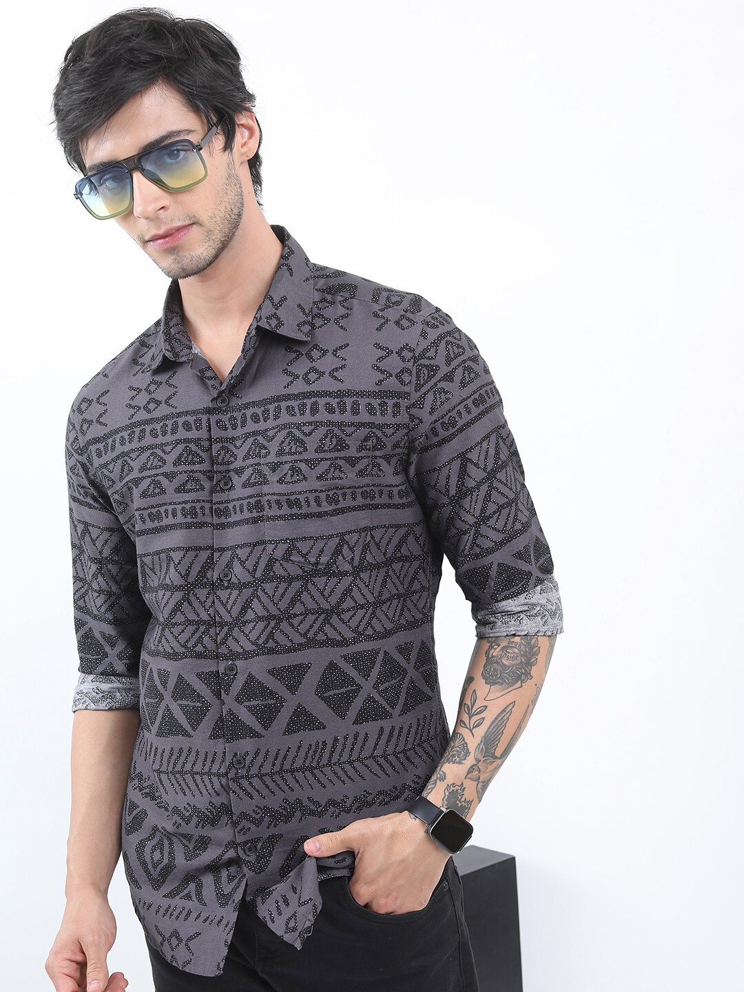 

KETCH Slim Fit Geometric Printed Casual Shirt, Grey