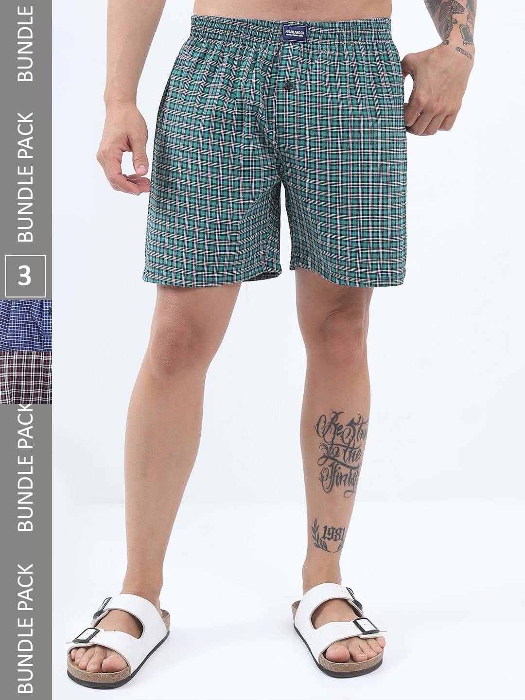 

HIGHLANDER Men Pack Of 3 Checked Boxers, Blue