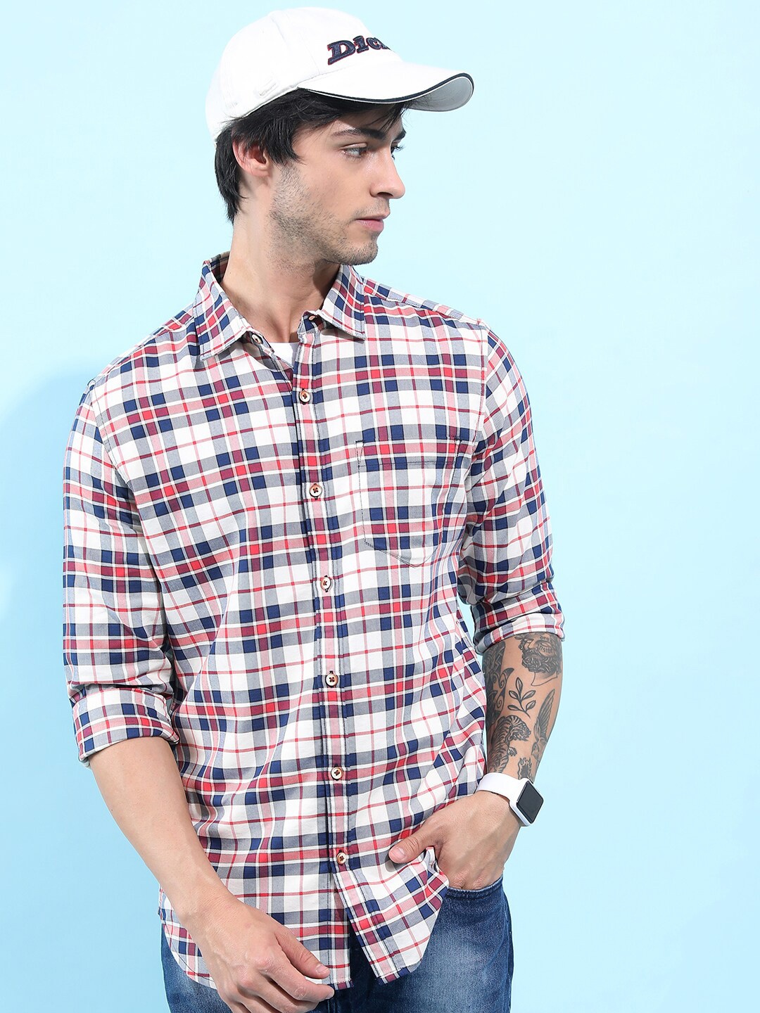 

HIGHLANDER Slim Fit Tartan Checks Casual Shirt, White