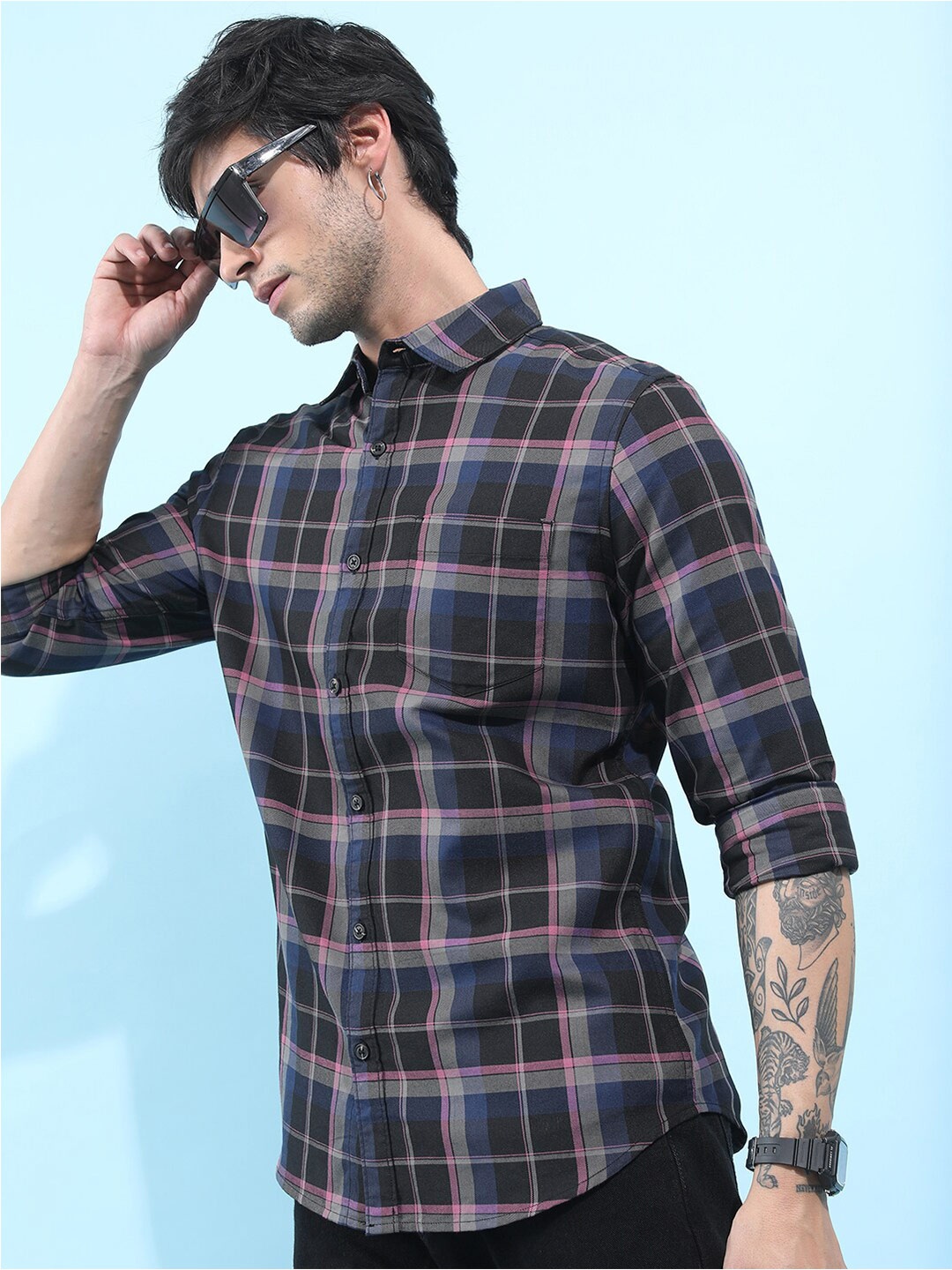 

HIGHLANDER Slim Fit Tartan Checks Casual Shirt, Black