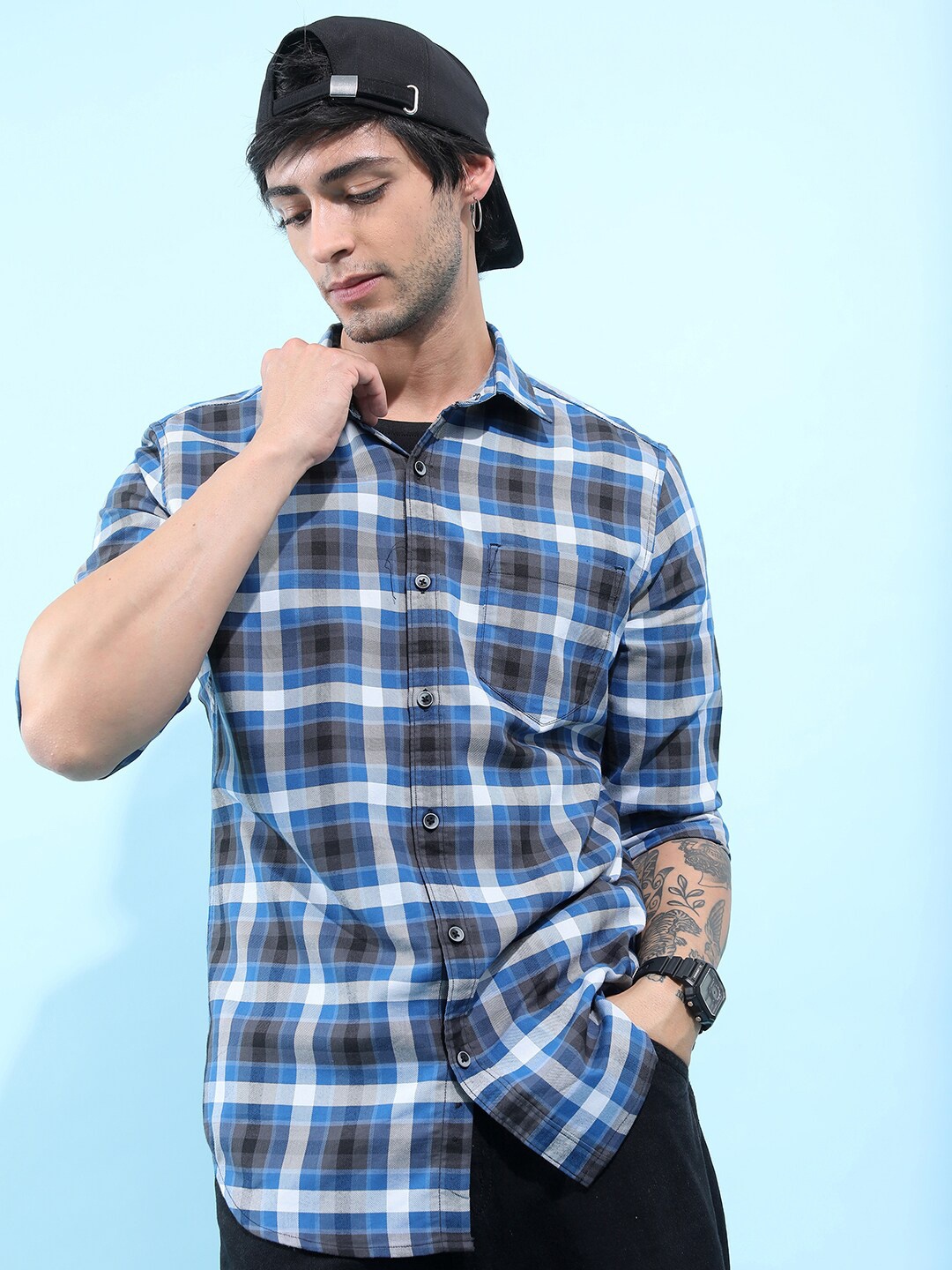 

HIGHLANDER Slim Fit Tartan Checks Casual Shirt, Blue