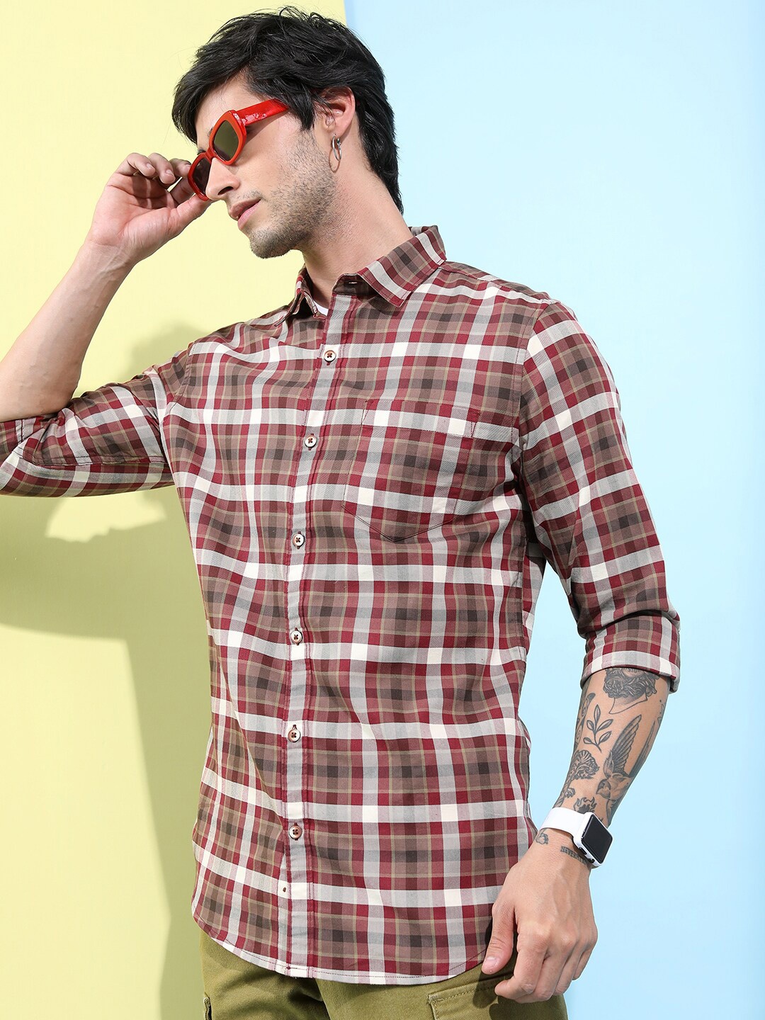 

HIGHLANDER Slim Fit Tartan Checks Casual Shirt, Red