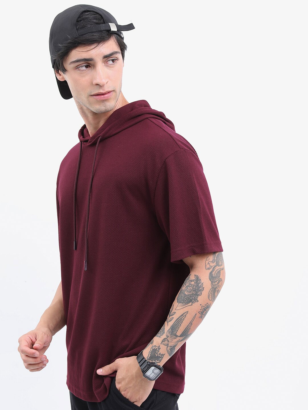 

HIGHLANDER Popcorn Structured Regular Fit Hooded T-shirt, Burgundy