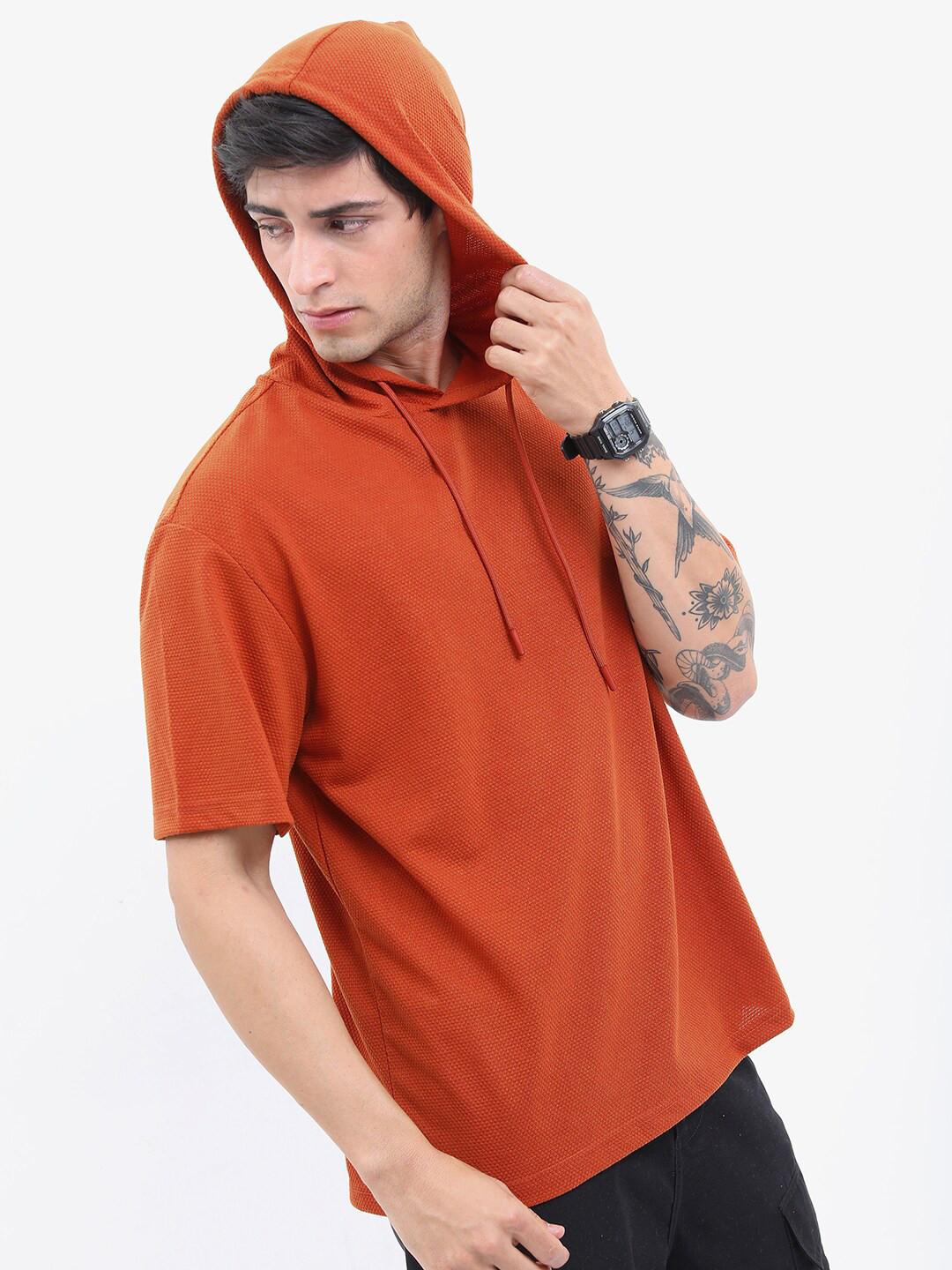 

HIGHLANDER Men Popcorn Structured Regular Fit Hooded T-shirt, Rust