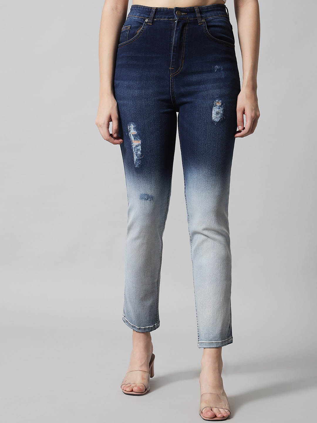 

GUTI Women Slim Fit High-Rise Mildly Distressed Heavy Fade Stretchable Cotton Jeans, Navy blue