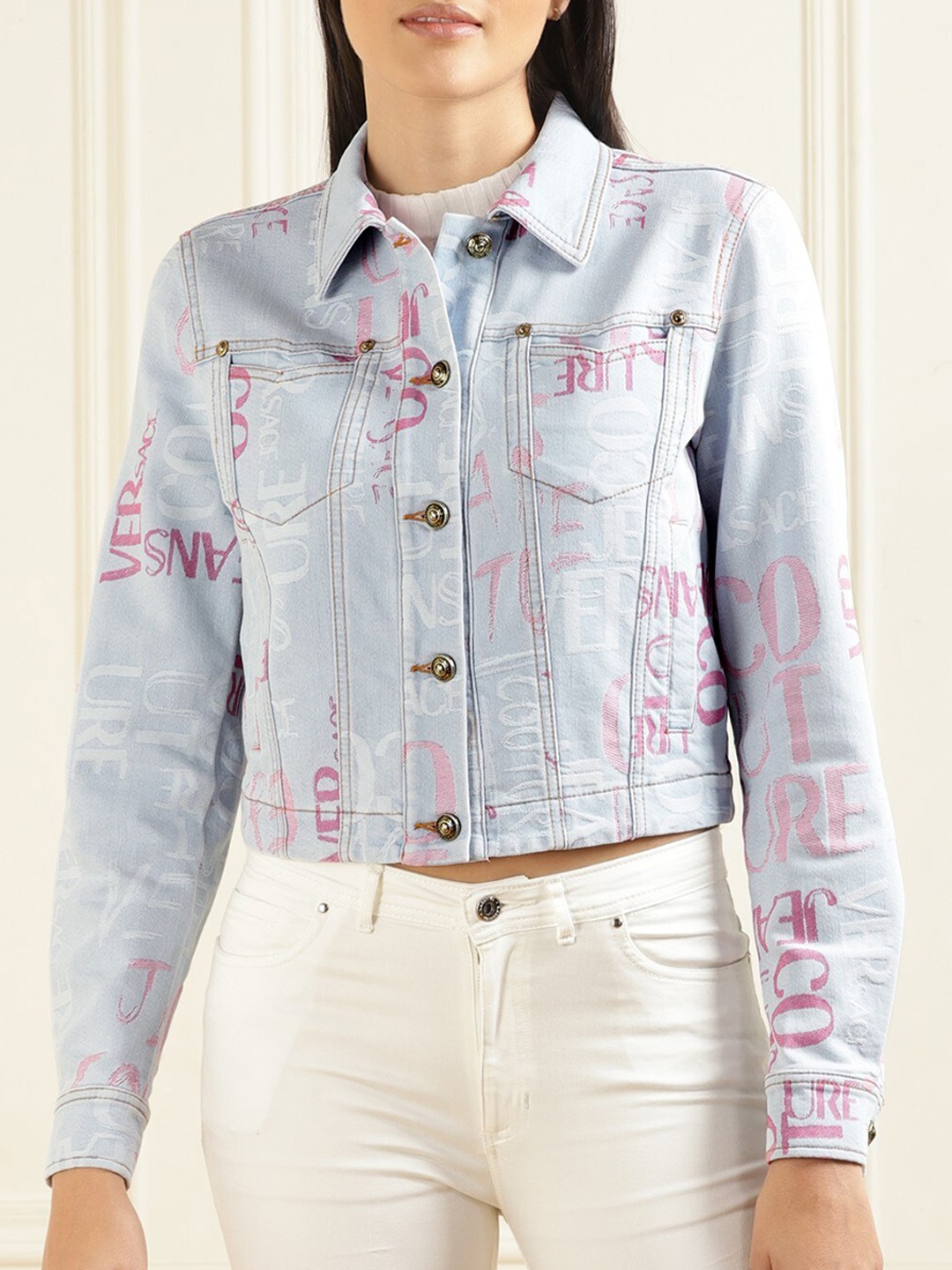 

Versace Jeans Couture Typography Printed Cotton Crop Denim Jacket, Blue