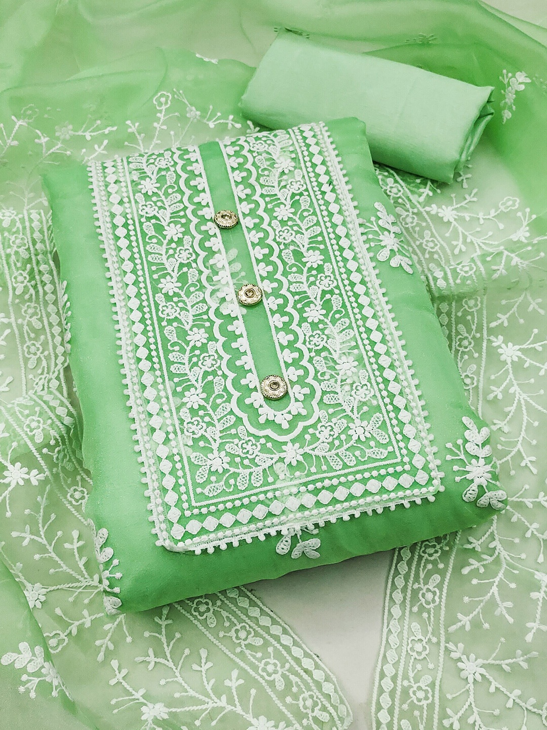 

KALINI Ethnic Motifs Embroidered Organza Unstitched Dress Material, Lime green