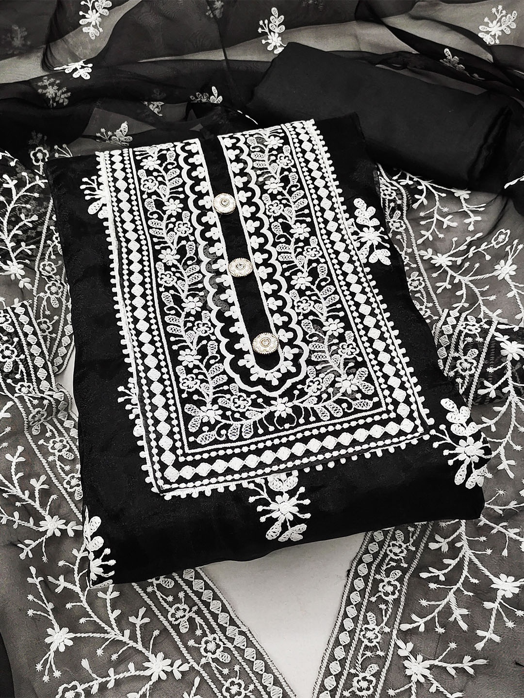 

KALINI Floral Embroidered Organza Unstitched Dress Material, Black