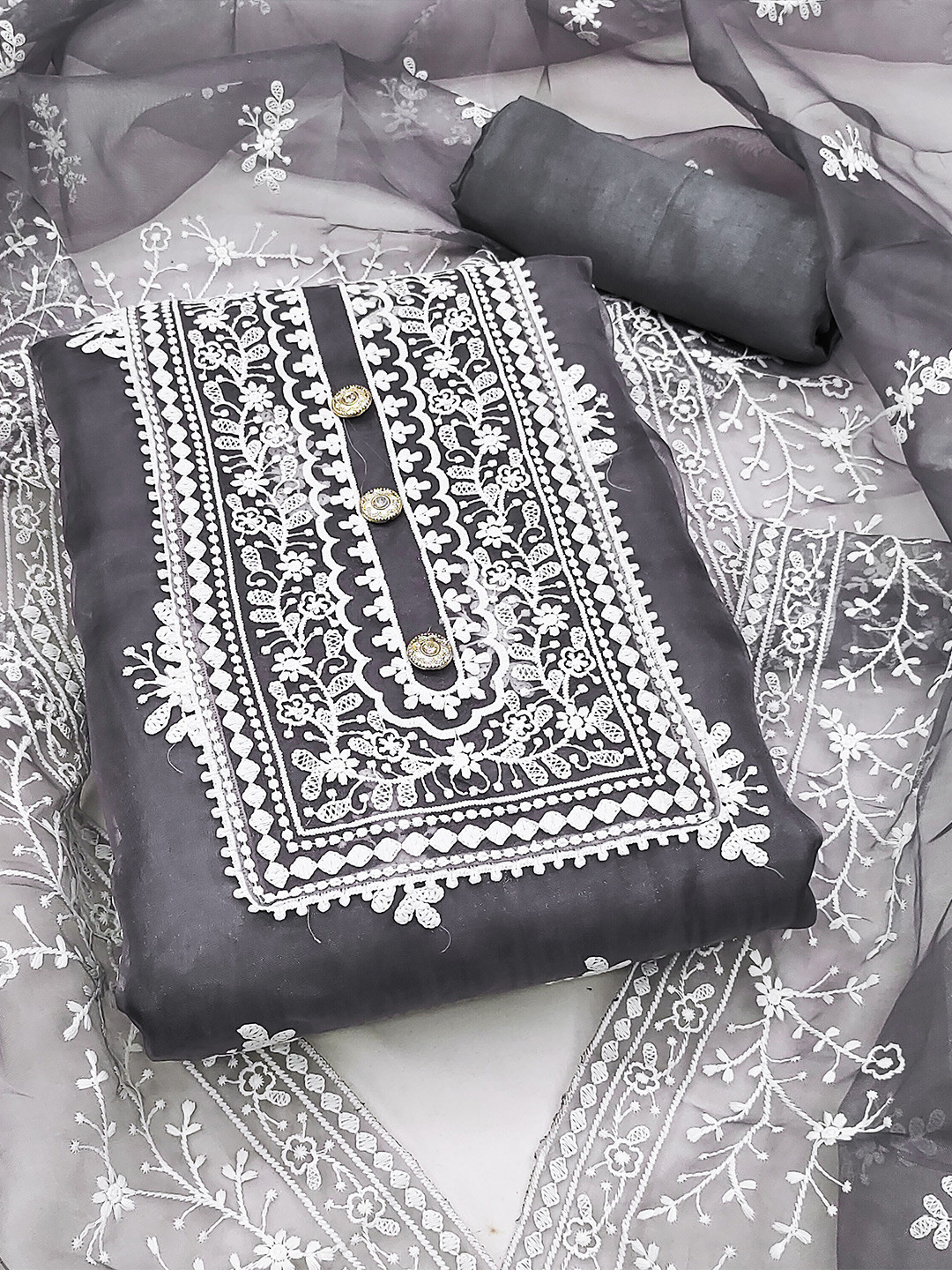 

KALINI Ethnic Motifs Embroidered Organza Unstitched Dress Material, Grey
