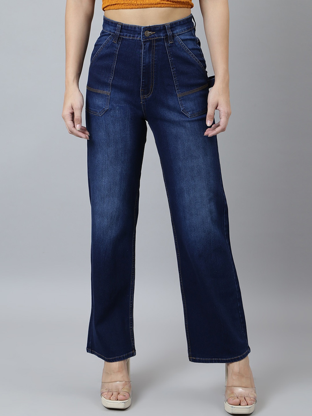

GUTI Women Flared High-Rise Light Fade Stretchable Jeans, Blue
