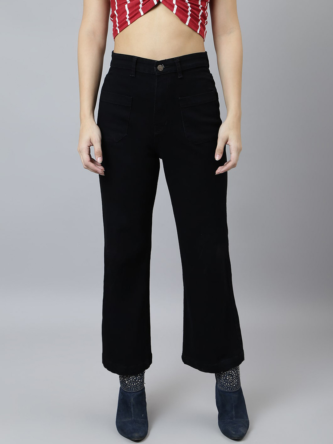 

GUTI Women Flared High-Rise Stretchable Jeans, Black