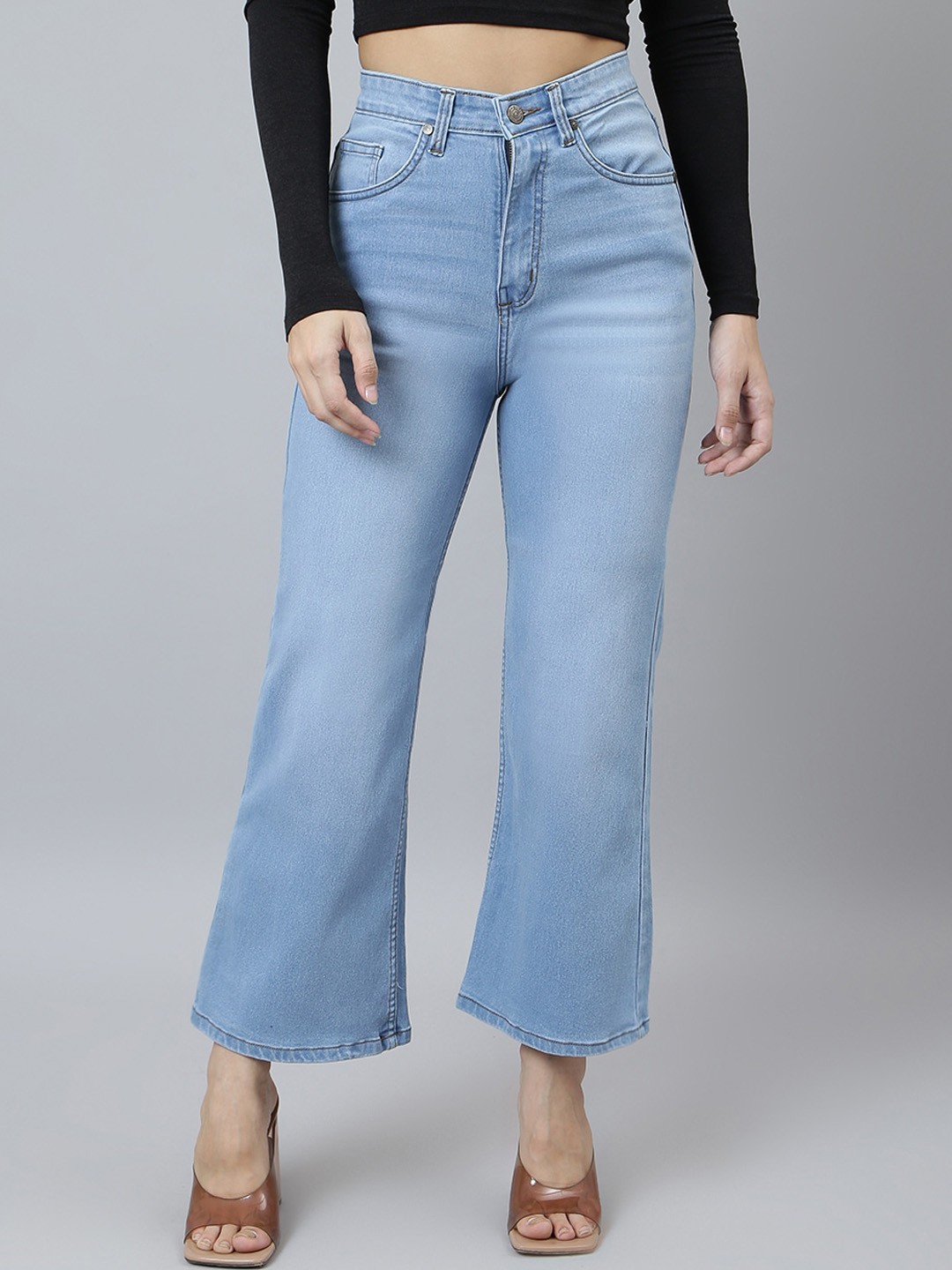 

GUTI Women Flared High-Rise Light Fade Stretchable Jeans, Blue