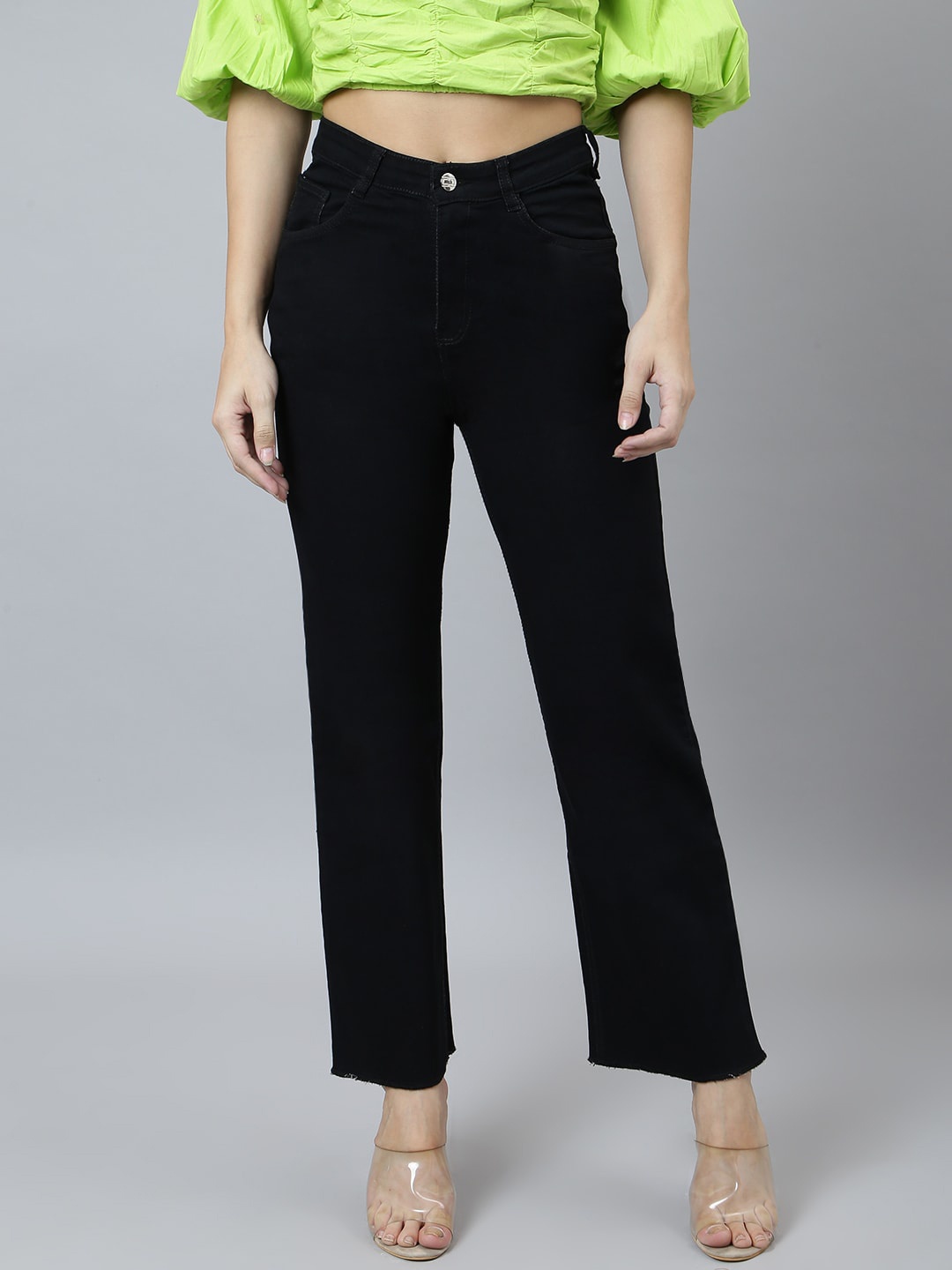 

GUTI Women Flared High-Rise Stretchable Cotton Jeans, Black