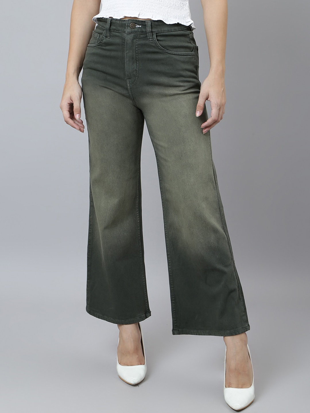 

GUTI Women Bootcut High-Rise Light Fade Stretchable Cotton Jeans, Olive