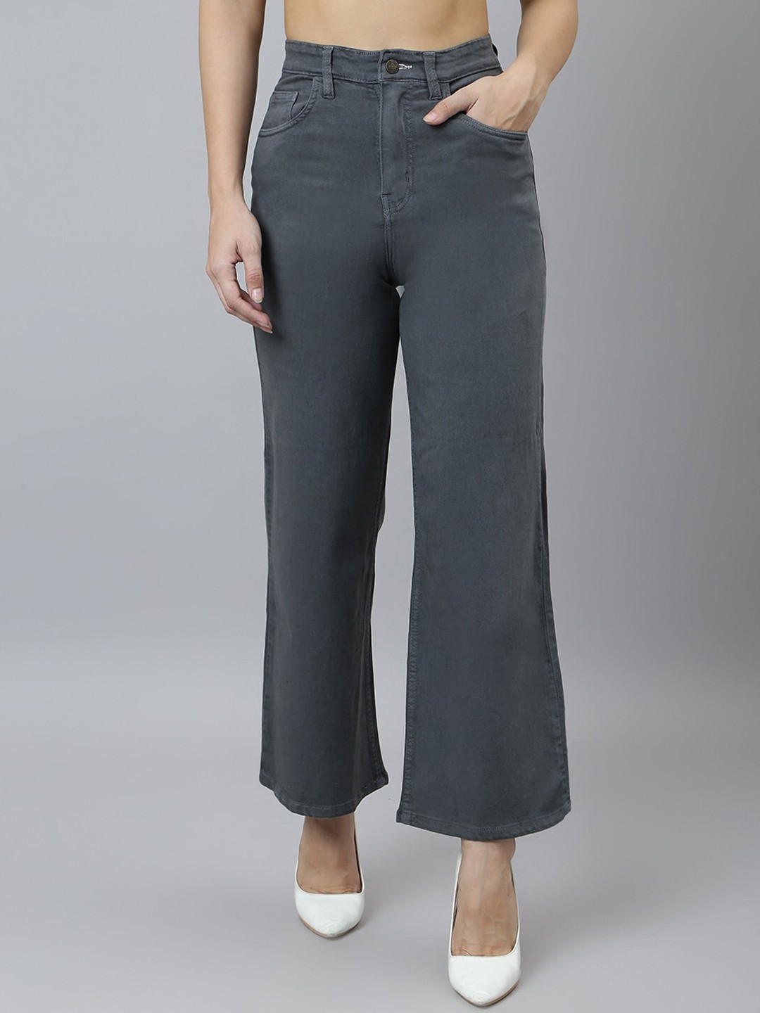 

GUTI Women Bootcut High-Rise Light Fade Stretchable Cotton Jeans, Grey