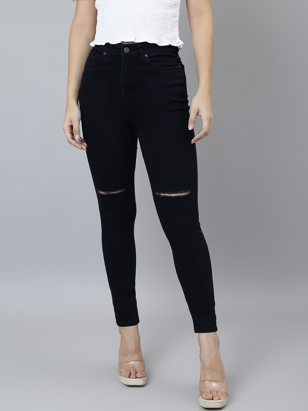 

GUTI Women Skinny Fit High-Rise Slash Knee Stretchable Cotton Jeans, Black