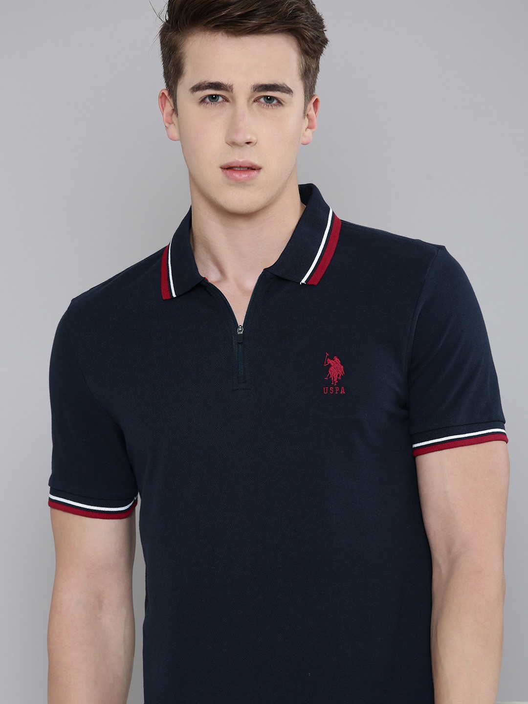 

U S Polo Assn Men Polo Collar Pure Cotton Slim Fit T-shirt, Navy blue