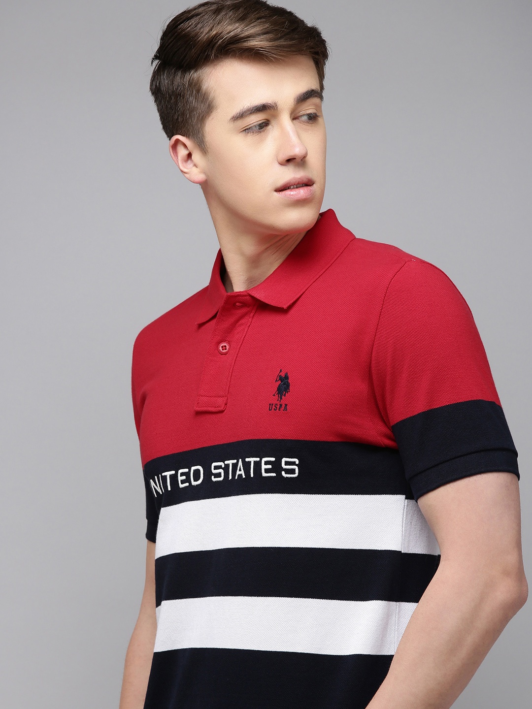 

U.S. Polo Assn. Colourblocked Polo Collar Pure Cotton Slim Fit T-shirt With Striped Detail, Red