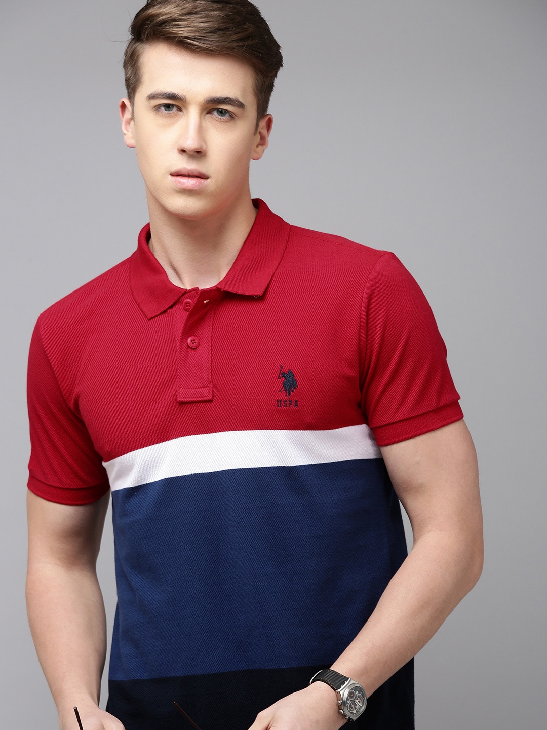 

U.S. Polo Assn. Colourblocked Polo Collar Slim Fit Pure Cotton T-shirt, Red