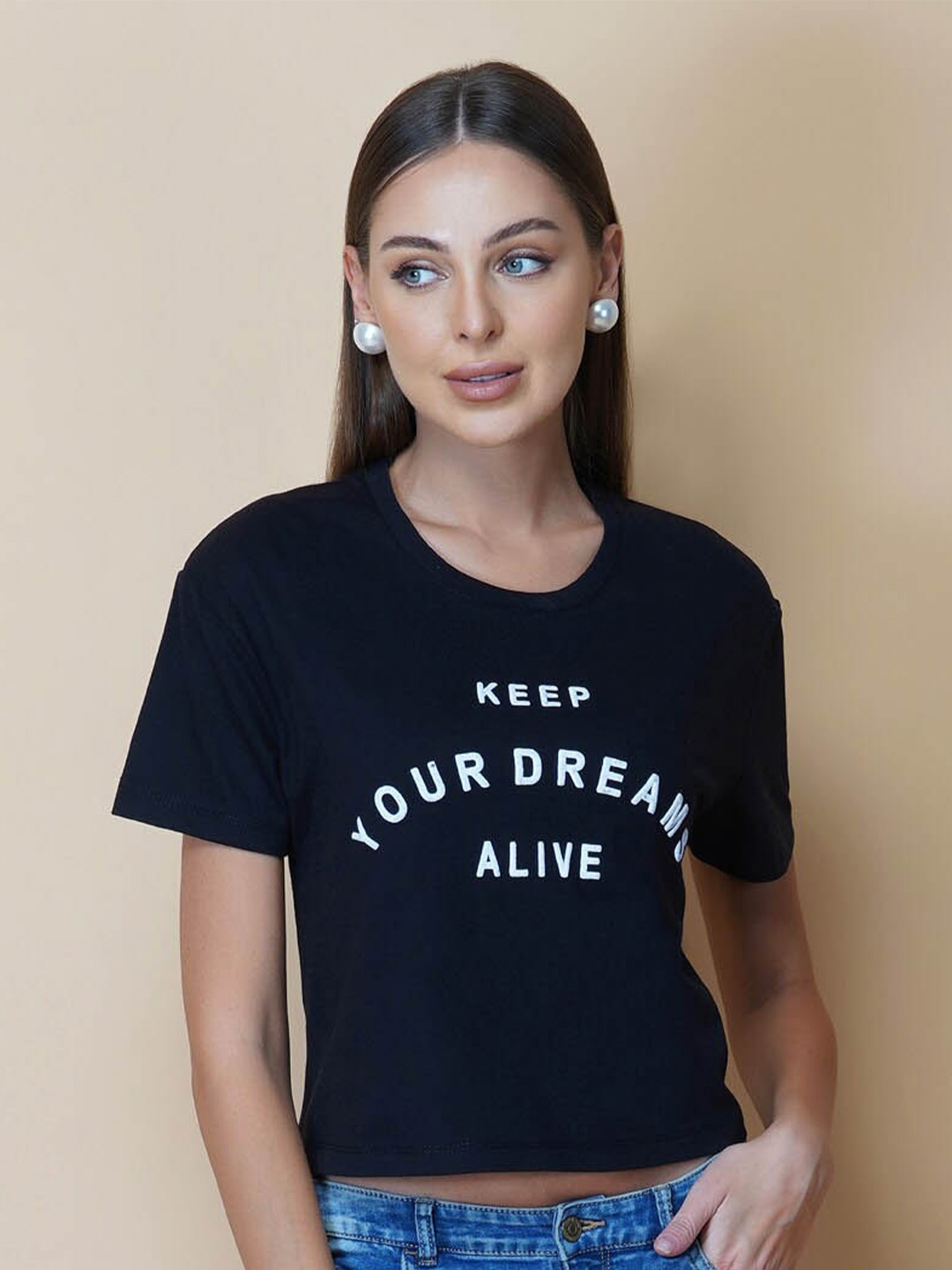 

RAASSIO Typography Round Neck Bio Finish Crop T-shirt, Black