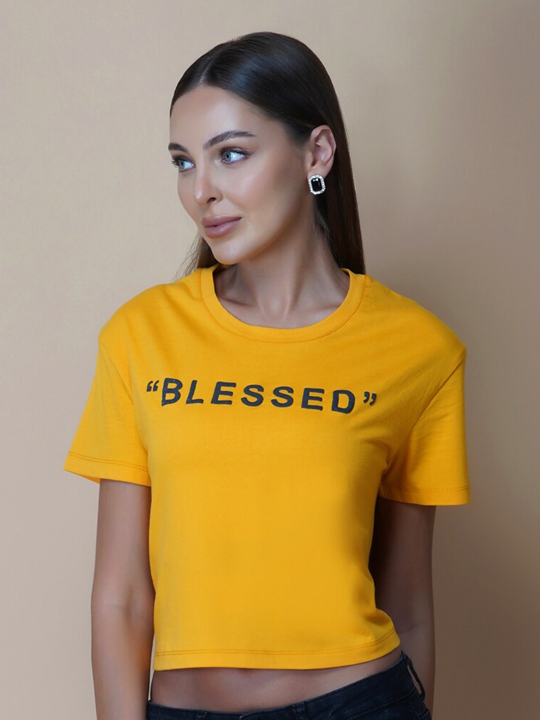 RAASSIO Typography Bio Finish Cotton Crop T-shirt, Yellow