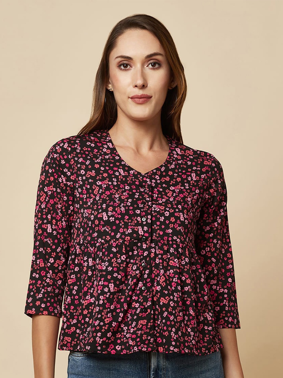 

RAASSIO Floral Print V-Neck Top, Pink