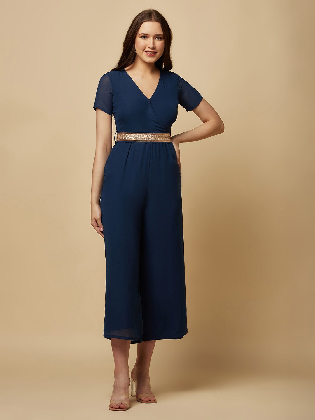 

RAASSIO V-Neck Short Sleeves Culotte Jumpsuit with Belt, Navy blue