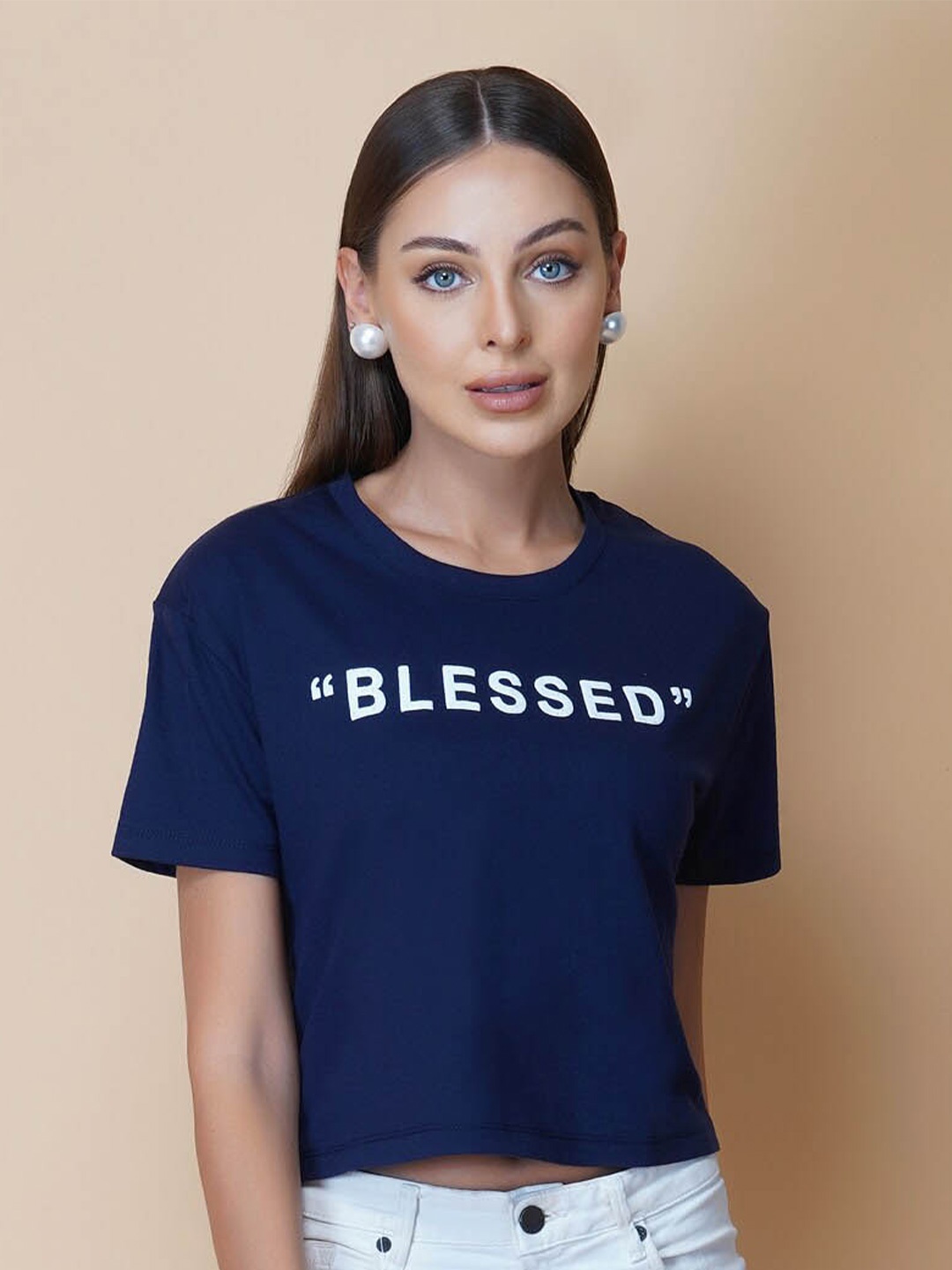 

RAASSIO Typography Round Neck Bio Finish Crop T-shirt, Navy blue