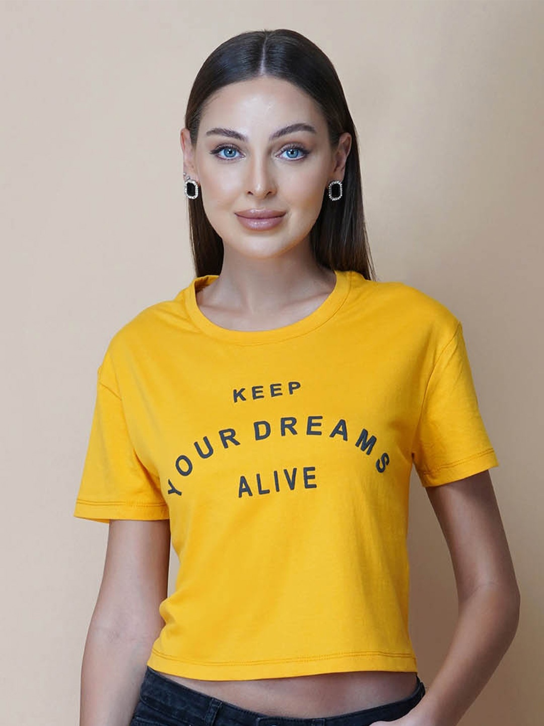 RAASSIO Typography Round Neck Bio Finish Crop T-shirt, Yellow
