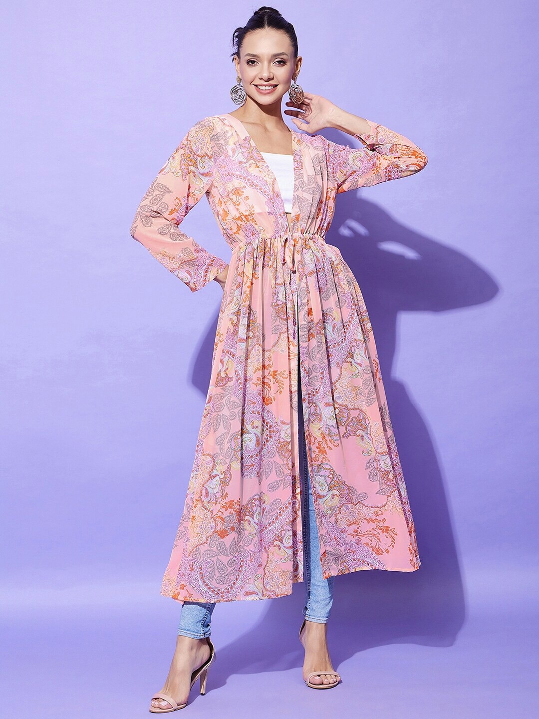 

StyleStone Women Floral Printed Longline Tie-Up Shrug, Peach