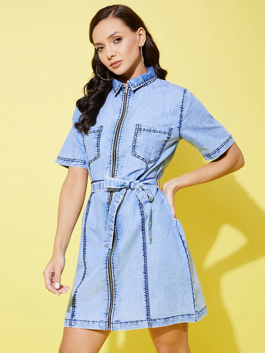 

StyleStone Shirt Collar Cotton Denim A-Line Dress, Blue