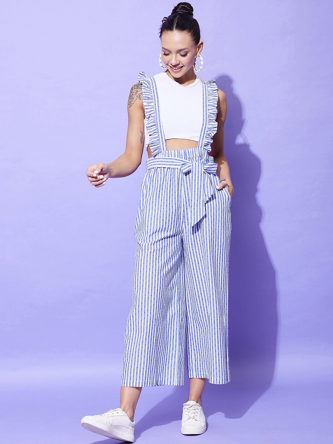 

StyleStone Blue & White Striped Shoulder Straps Pinafore Cotton Dungaree