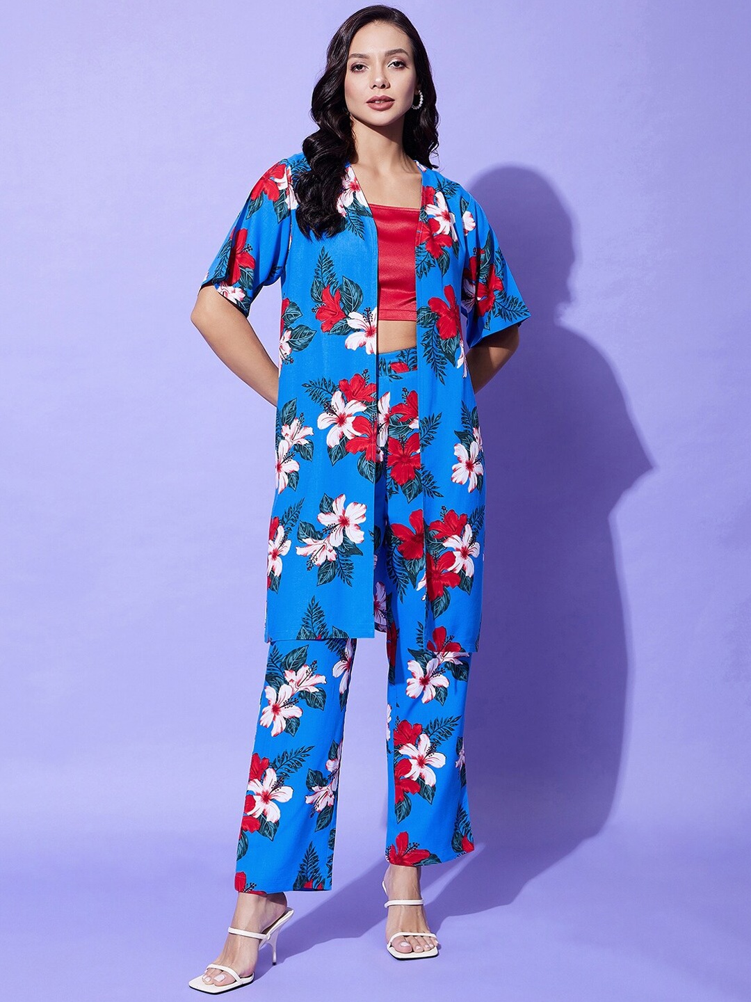 

StyleStone Floral Printed Top & Trousers With Shrug, Blue