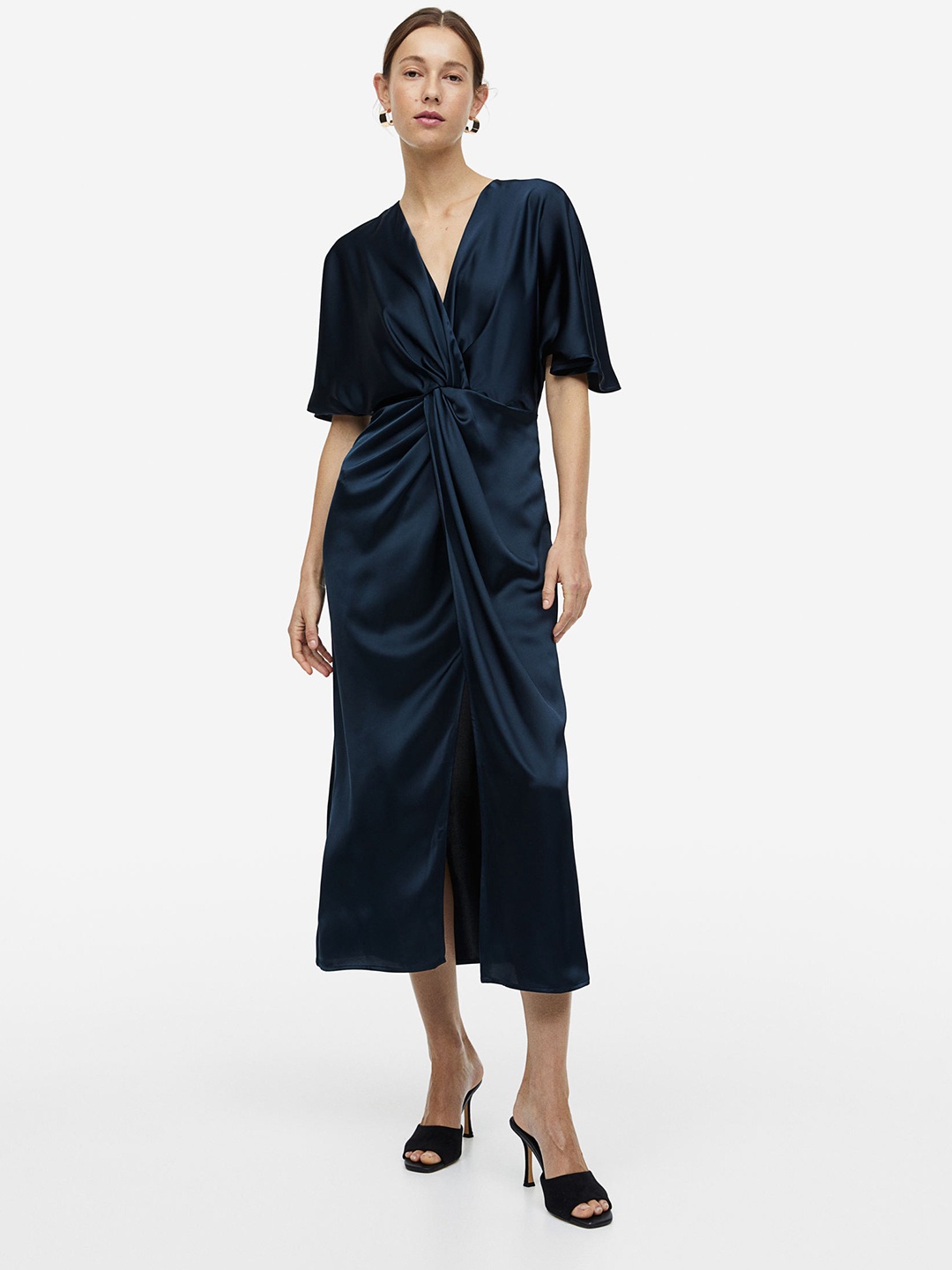 

H&M Draped Satin Dress, Navy blue