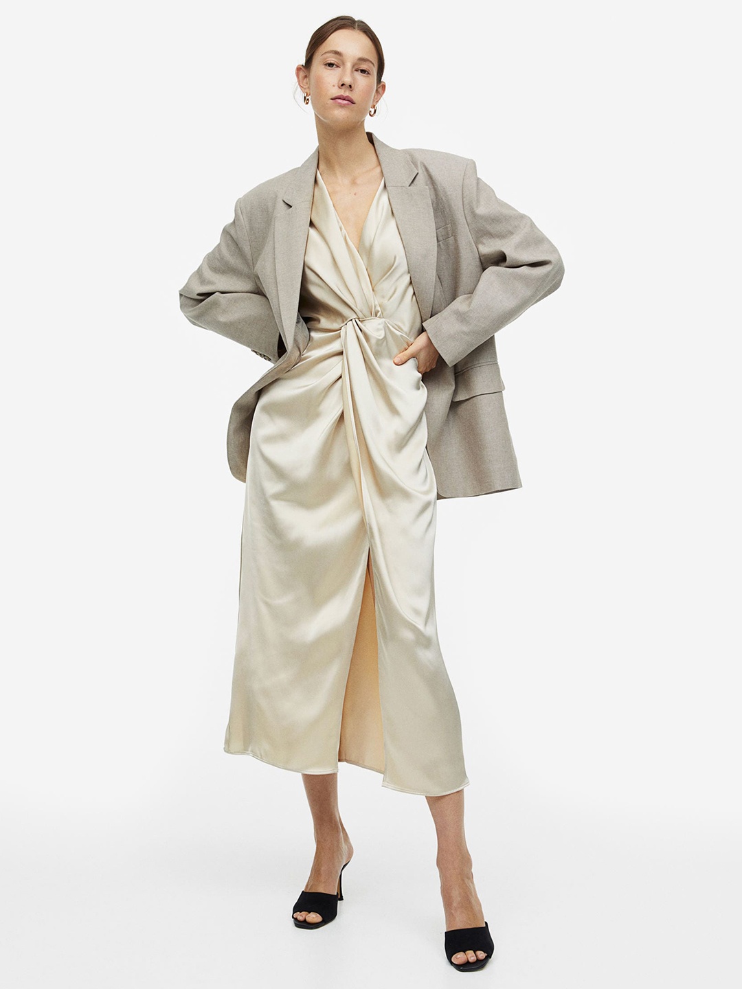 

H&M Draped Satin Dress, Beige