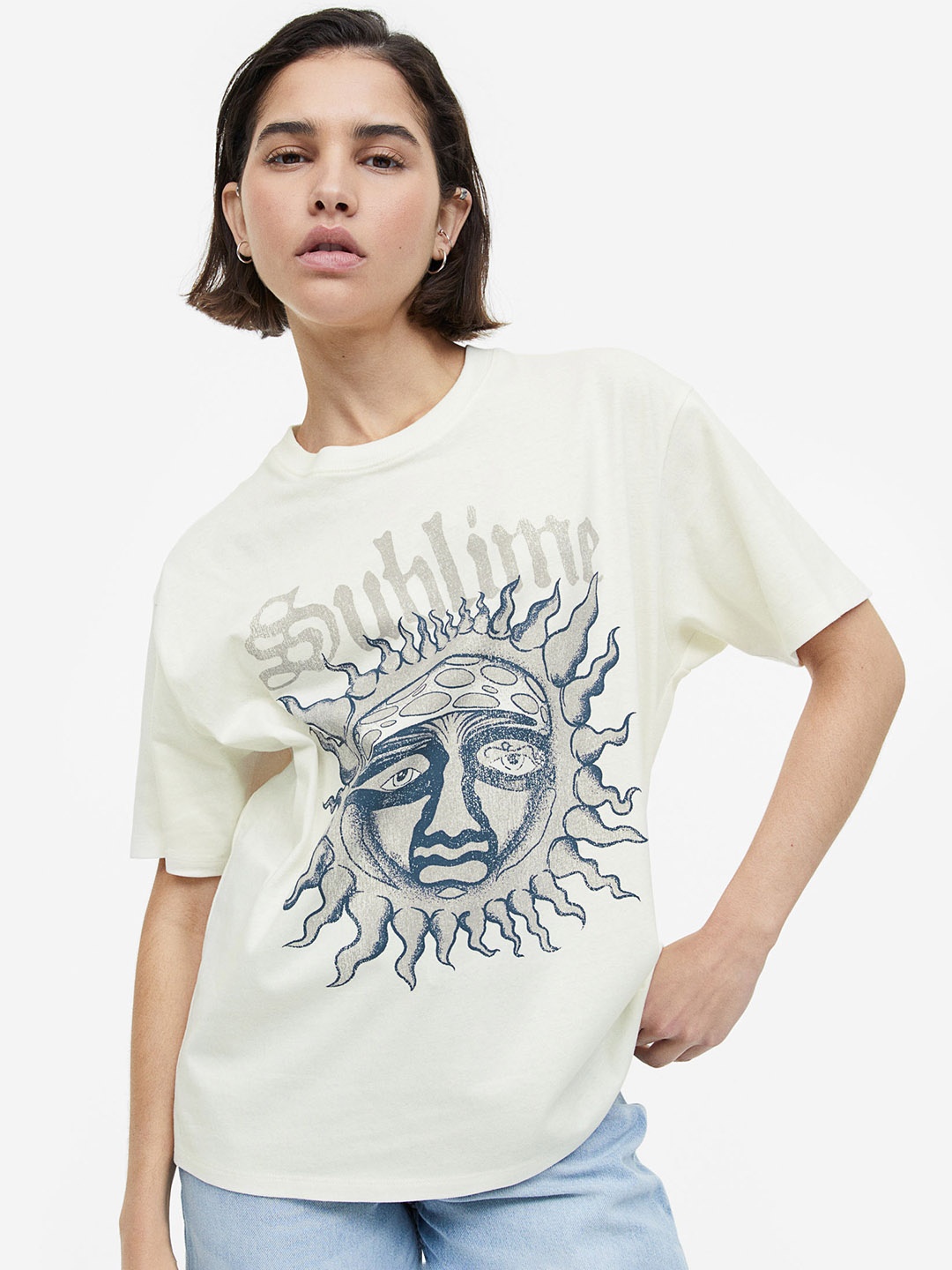 

H&M Oversized Printed Pure Cotton T-shirt, Off white