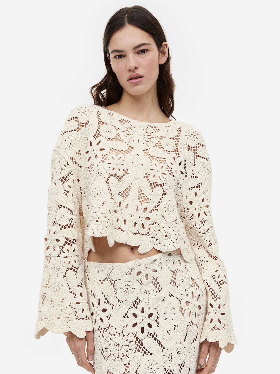 

H&M Women Crochet-Look Pure Cotton Jumper, Off white