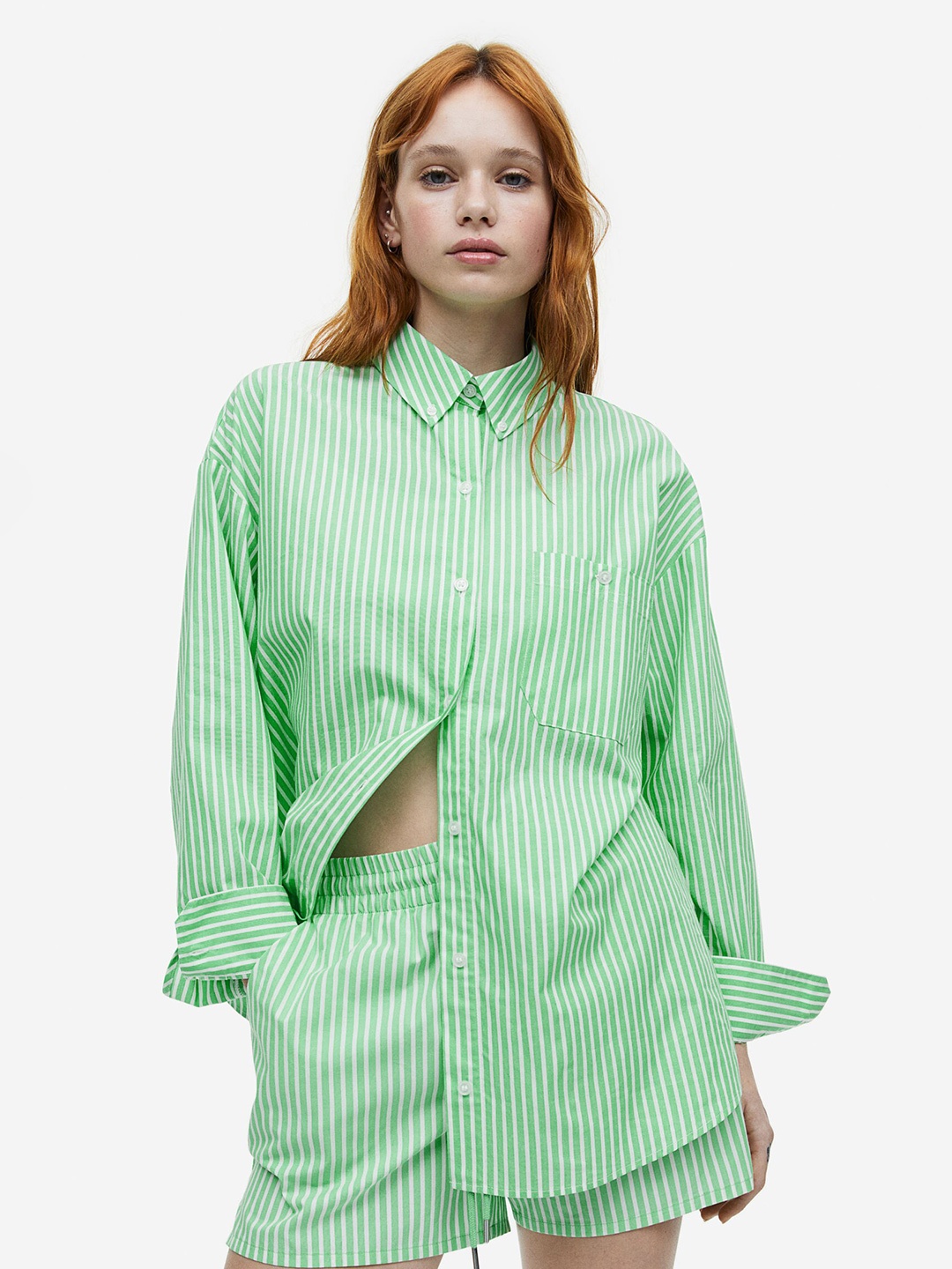 

H&M Women Oversized Poplin Shirt, Green