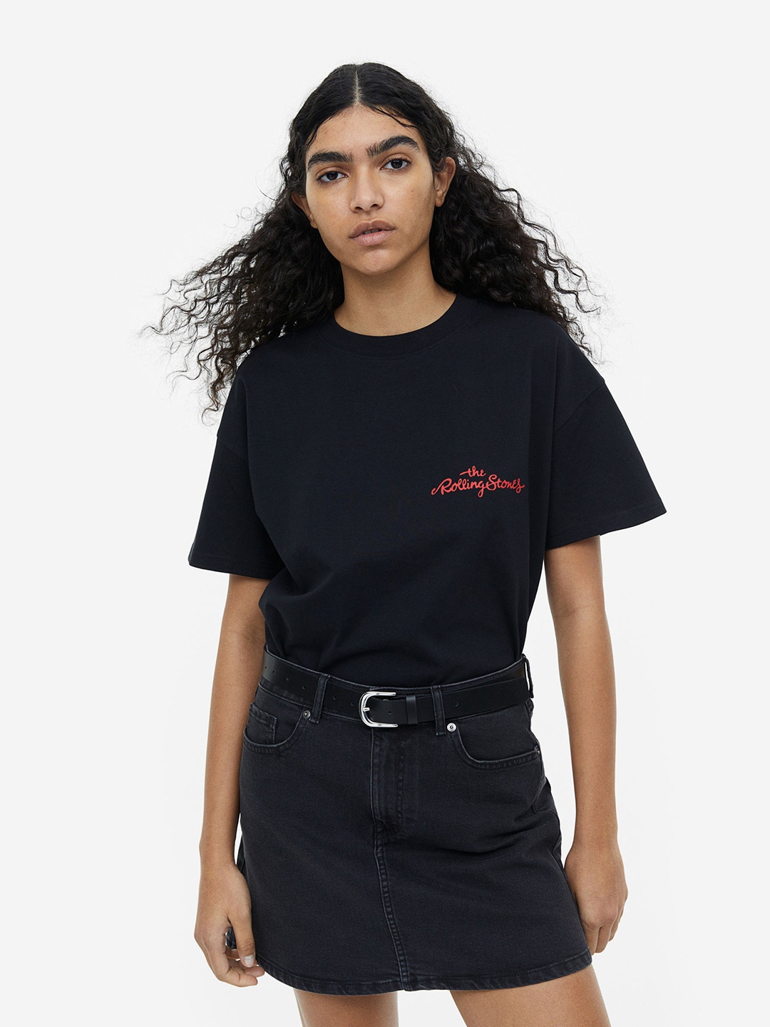

H&M Women Oversized Printed Pure Cotton T-shirt, Black