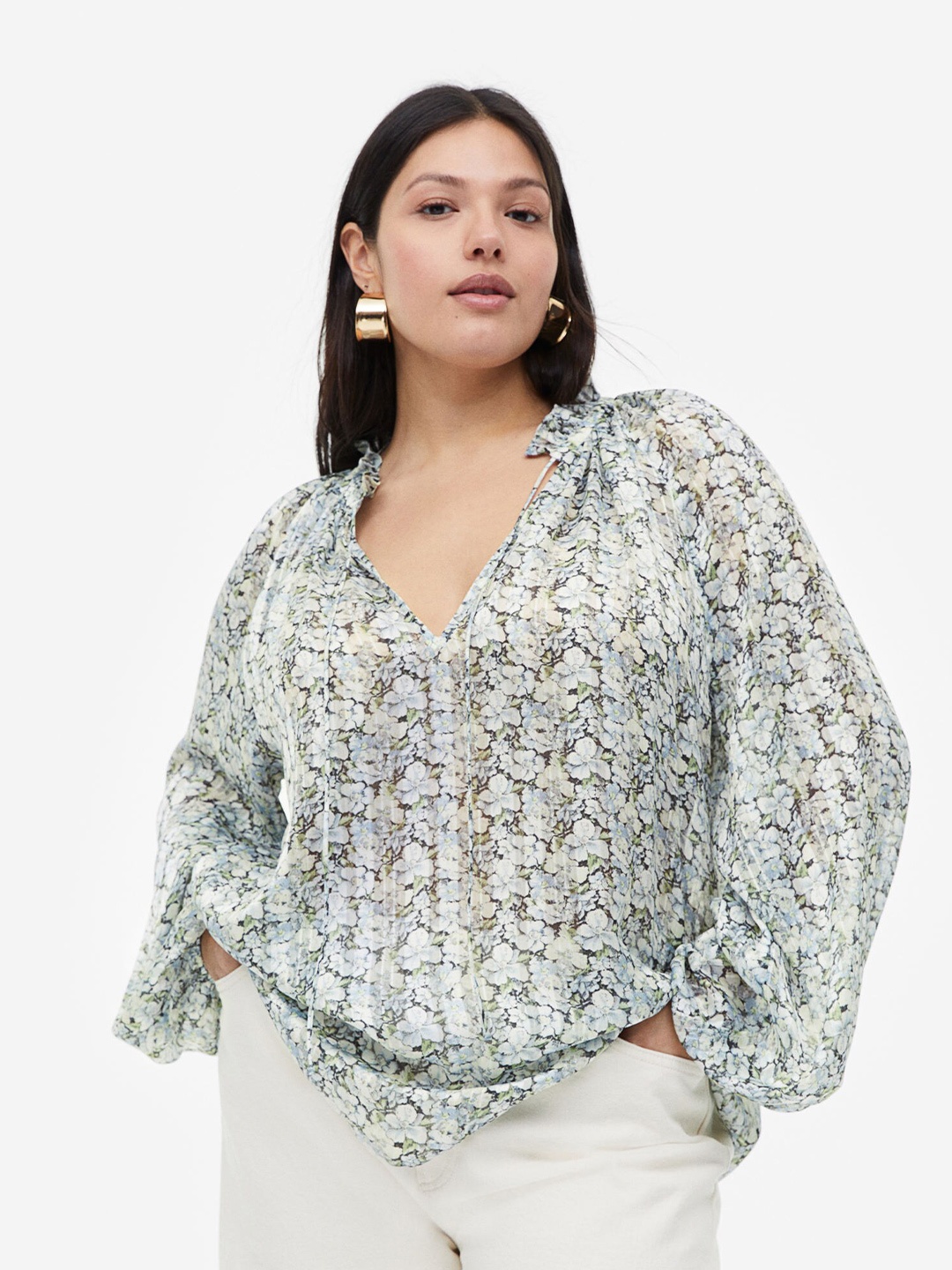 

H&M Frill-Trimmed Crepe Blouse, Blue