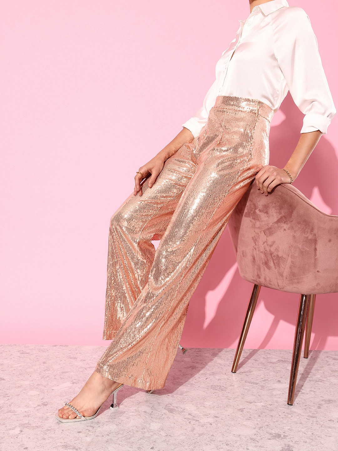 

Stylecast X Hersheinbox Women Sequined Bootcut Trousers, Rose gold