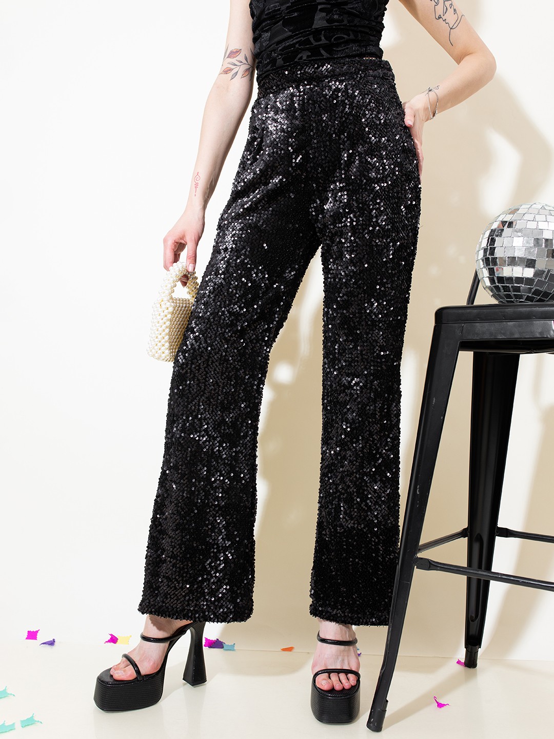 

Stylecast X Hersheinbox Women Embellished Sequined Bootcut Trousers, Black