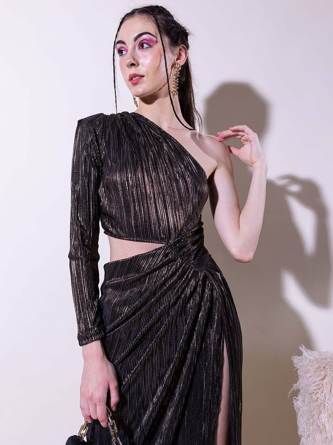 

Stylecast X Hersheinbox Embellished One Shoulder High Slit Cut-Out Maxi Dress, Copper