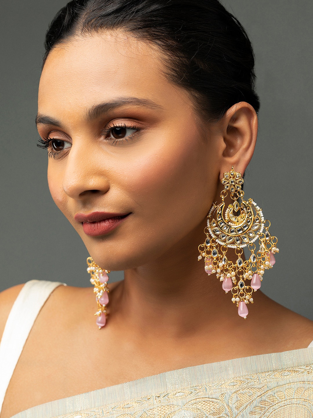 

Priyaasi Gold-Plated Contemporary Kundan Chandbalis Earrings